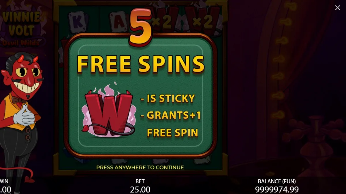 Vinnie Volt: Devil Wilds slot game interface na may cartoon devil host