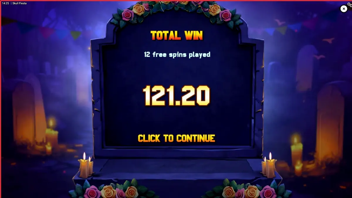 Makulay na disenyo ng Skull Fiesta slot na may mga bungo at marigold